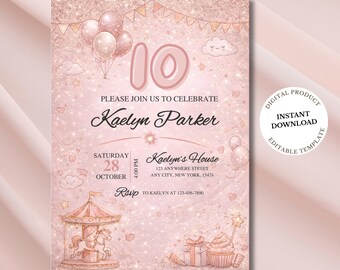 Pink Princess Birthday Invitation Template, Girls Birthday Invite, Editable Canva Birthday Invitation, Digital Download