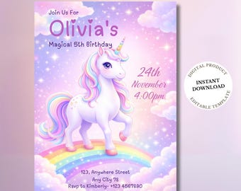Unicorn Birthday Invitation, Editable Unicorn Party Invite, Girls Magical Rainbow Birthday Canva Invite Digital Download