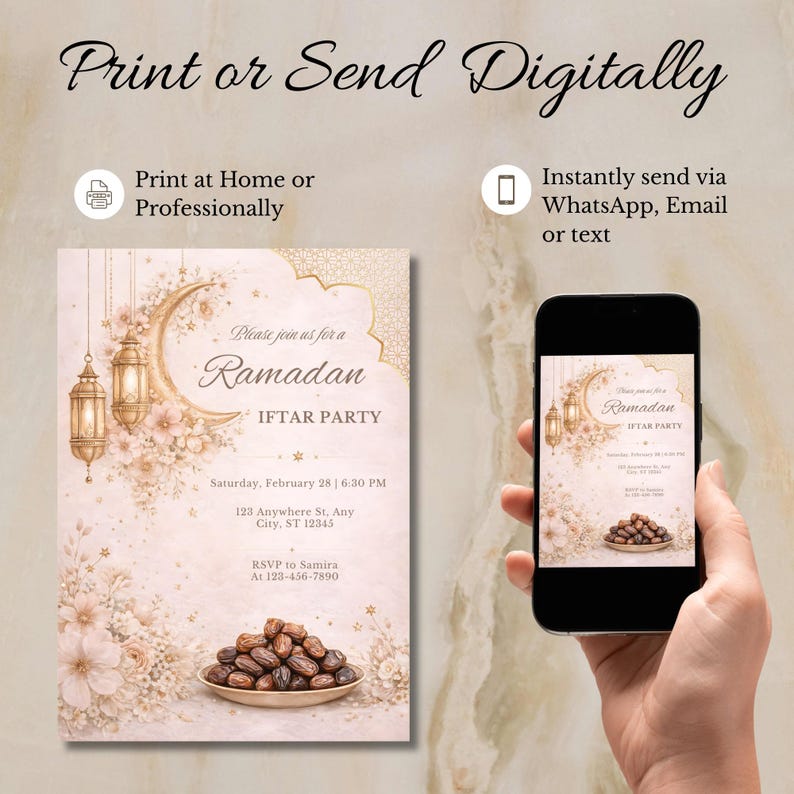 Plantilla de invitación para el Iftar de Ramadán 2026, invitación editable en Canva para el Iftar, invitación islámica, descarga digital, acceso instantáneo imagen 4
