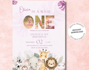 Wild One Birthday Invitation Girl, Pink Safari 1st Birthday with Photo, Jungle First Birthday Editable Canva Template, Digital Download