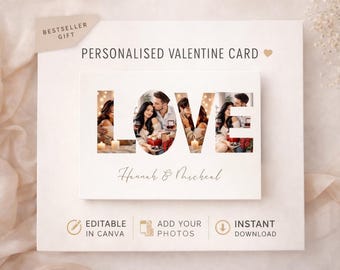 May include: A personalized Valentine's Day card with the word "LOVE" in large letters, each letter filled with a romantic photo. The card includes the names "Hannah & Michael" and the text "BESTSELLER GIFT".