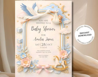 May include: A baby shower invitation with a stork carrying a baby in a white bundle. The invitation features a gold frame, pastel colors, and the text "Baby Shower for Amelia James" with the date and time. A rocking horse and flowers are also featured.