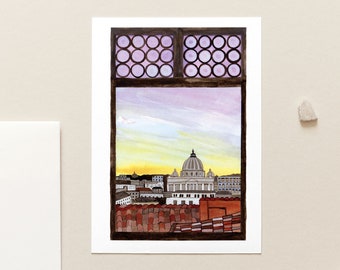 May include: A watercolor painting of a cityscape viewed through a window with a stained glass design. The cityscape features a large dome building with a yellow sky and purple clouds in the background.