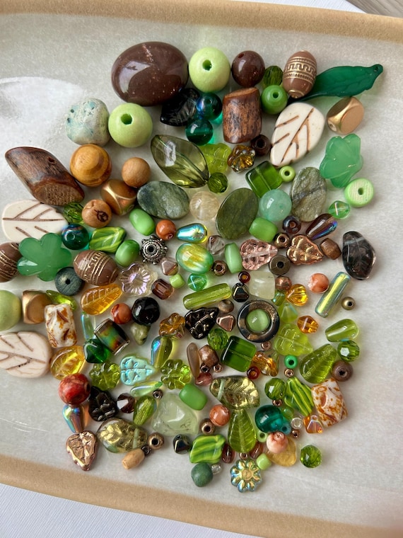 Fantasy Forest Bead Mix | Earthy Woodland, Green + Brown Czech Glass Leaves, Wood, Bronze + Gold DIY Jewelry