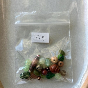 May include: A clear plastic resealable bag containing a collection of assorted beads in various shades of green, brown, and metallic tones. A white label inside the bag displays the handwritten text 10 g. The beads vary in shape, size, and texture.