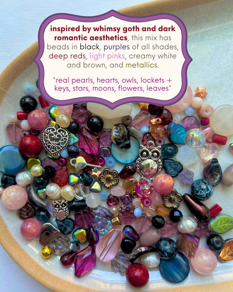 May include: A collection of assorted beads and charms including real pearls, hearts, owls, lockets, keys, stars, moons, flowers, and leaves in black, purple, red, pink, white, brown, and metallic tones, with text describing the mix.