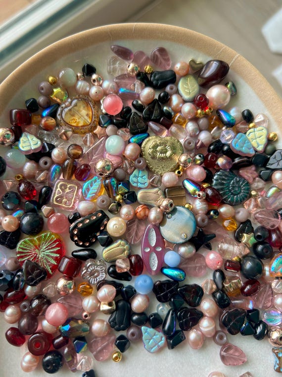 Dark Feminine Bead Soup | Czech Glass Gothic Mix | Owls, Stars, Pearls in Black, Purple, Pinks | Romantic DIY Jewelry