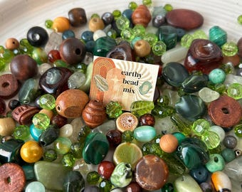Earthy Bead Soup Mix | Gemstones, Rocks, Wood, Czech Glass Beads in Green + Brown | DIY boho jewelry supplies