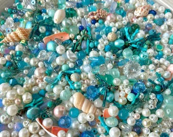 Blue Ocean Mermaid Bead Mix | Freshwater Pearls, Sea Shells | Blue + White Glass Beads for Jewelry or Embroidery