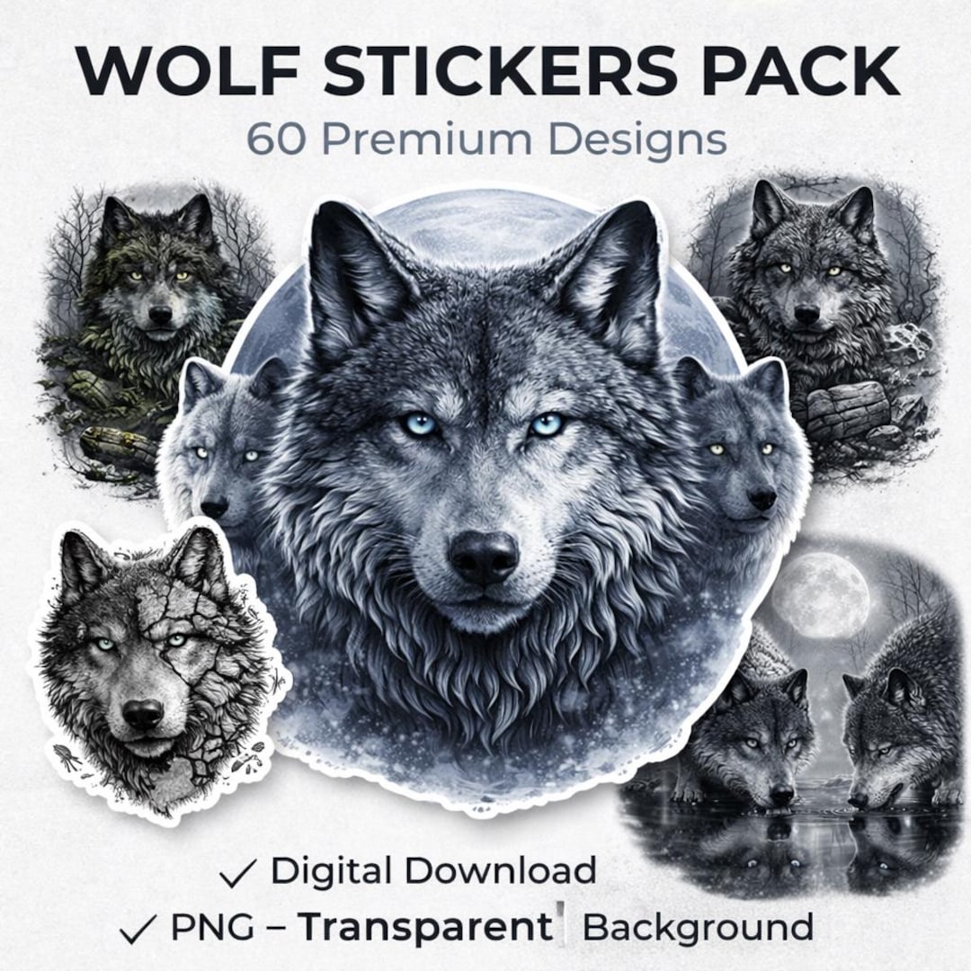 Wolves Sticker Template Wolf Stickers Pack 60 PNG | Transparent Background | Tattoo Style ...