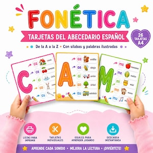 May include: A set of educational Spanish phonetic alphabet cards featuring colorful letters, syllables, and illustrated words. The cards display the text FONÉTICA TARJETAS DEL ABECEDARIO ESPAÑOL, 26 TARJETAS A4, and various icons for printing and learning.