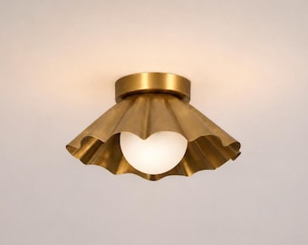 Brass Flush Mount Ceiling Light, Scalloped Ceiling Fixture, Mid Century Modern Ceiling Lamp, Handmade Brass Lighting, Entryway Light