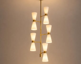 Mid-Century Modern 5-Light Vertical Chandelier – Brass & White Diabolo Pendant Light
