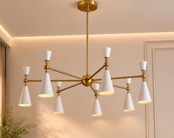 Handmade Modern Nordic 7- Light Brass Chandelier with White Tapered Shades