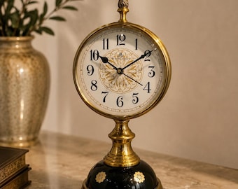 Antique Brass London Desk Clock | Classic Round Tabletop Timepiece | Victorian Style Gold Accent Clock