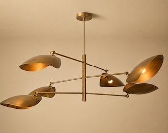 Mid Century Modern Brass Chandelier  Six Arm Ceiling Light  Adjustable Shades  Scandinavian Sputnik Lighting
