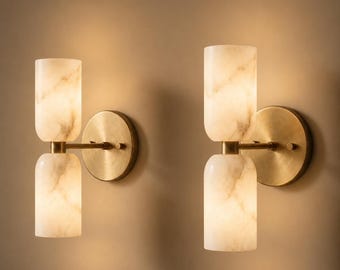 Handmade Alabaster Marble Wall Sconce, Modern Brass Wall Lamp, Double Cylinder Luxury Lighting Fixture