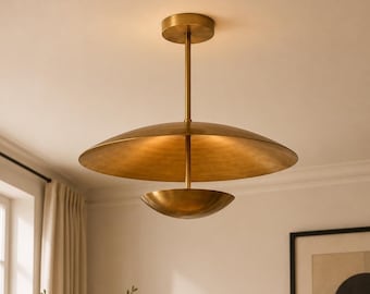 Mid Century Modern Brass UFO Pendant Light – Minimalist Disc Chandelier Fixture