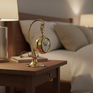 May include: A gold-colored pocket watch-style clock suspended from a matching stand. The clock has a white face with black numerals and hands. The stand is placed on a wooden nightstand next to a lamp.