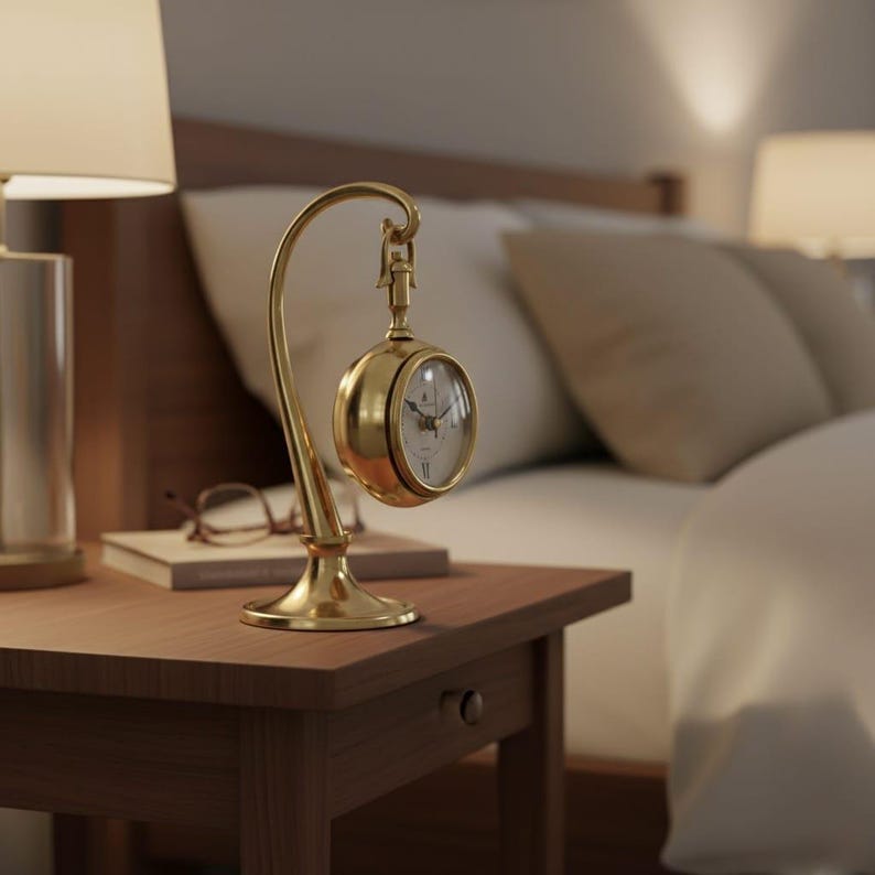 May include: A gold-colored pocket watch-style clock suspended from a matching stand. The clock has a white face with black numerals and hands. The stand is placed on a wooden nightstand next to a lamp.