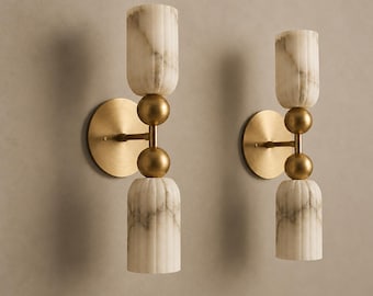 Mid Century Modern Alabaster Wall Sconce Set of 2, Antique Brass Double Light Fixture, Italian Marble Wall Lamp, Luxury Bathroom