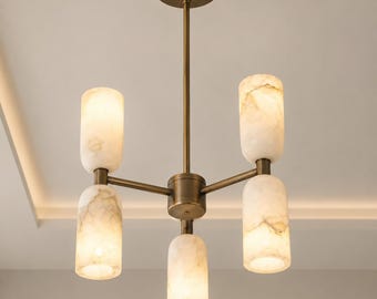 Moderne albasten kroonluchter, messing kroonluchter met 6 lampen, plafondlamp in mid-century modern stijl, luxe marmeren hanglamp