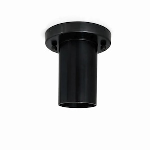 May include: A black cylindrical ceiling light fixture with a circular base and a tubular body. The fixture is made of metal and has a matte finish. The design is simple and modern, suitable for various interior styles.