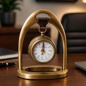 Puede incluir: Un reloj de escritorio de metal color latón suspendido de un marco arqueado mediante una correa de cuero marrón oscuro. La esfera es blanca con números romanos negros, un segundero rojo y el texto Franklin Murphy Est 1911 Oxford en negro.
