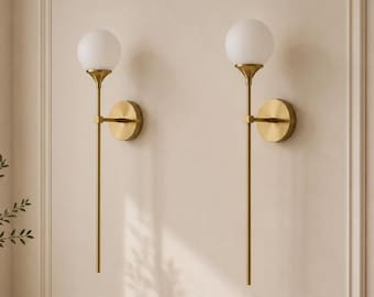 Mid-Century Modern Brass Wall Sconce | Frosted Globe Light