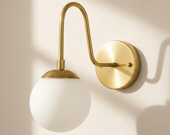 Modern Brass Gooseneck Wall Sconce – Frosted Globe Vanity Light