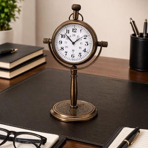 May include: A bronze-toned metal desk clock with a circular frame mounted on a pedestal base. The white clock face features black Arabic numerals from 1 to 12, an inner ring of 13 to 24 hour markers, and black hour, minute, and second hands.