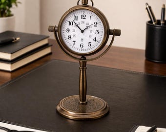Antique Brass Gimbal Desk Clock, Steampunk Nautical Decor