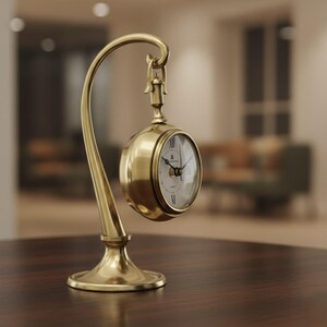 May include: A gold-colored pocket watch suspended from a matching curved stand. The watch has a white face with black Roman numerals and hands. The stand is on a dark brown surface, creating a classic, elegant aesthetic.