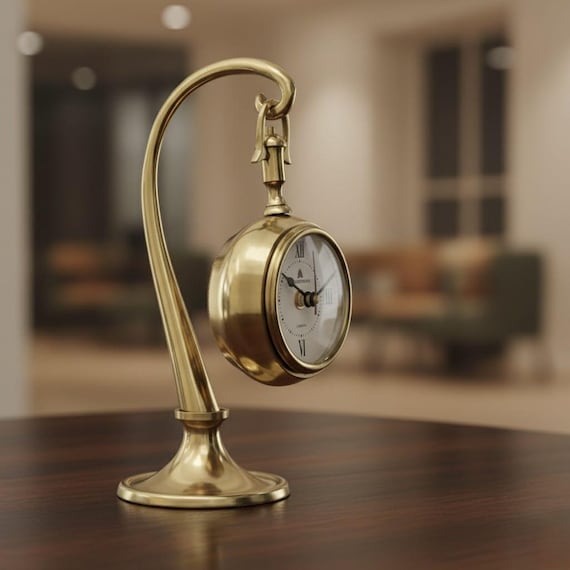 Brass Desk Clock – Antique Style Suspended Table Clock, Roman Numeral Dial