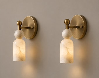 Mid Century Modern Alabaster Wall Sconce, Brass Marble Cylinder Wall Light, Italian Stone Bedside Lamp, Luxury Bathroom Vanity Lighting