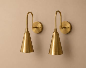 Brass Cone Wall Sconce , Mid Century Modern Wall Lights, Antique Brass Bedside Lamps, Bedroom Hallway Lighting