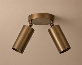 Brass Double Spotlight Ceiling Light, Adjustable Flush Mount Fixture, Mid Century Modern Directional Lighting