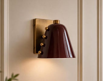 Modern Brass Wall Sconce, Burgundy Cone Wall Light, Mid Century Wall Lamp, Hardwired Bedroom Reading Light, Vintage Wall Fixture