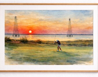 Sea Island Golf Course Sunset Watercolor Print – Coastal Golf Wall Art - Landscape