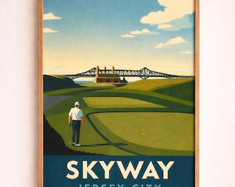 Skyway Golf Course Print, Jersey City Vintage Travel Poster, NYC Skyline Golf Art