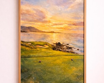 FRAMED Pebble Beach Golf Course 7 Watercolor Print – Coastal Landscape Art