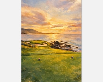 Pebble Beach Golf Course 7 Watercolor Print – Coastal Landscape Art