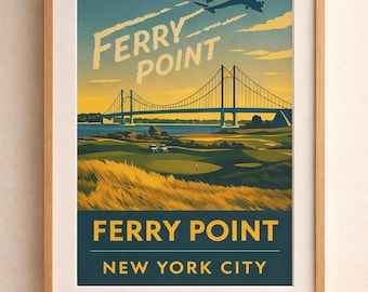 Ferry Point Golf Course Print, NYC Skyline, Whitestone Bridge Art, Bronx Links Poster
