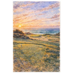 May include: Watercolor painting of a golf course at sunset. The sky is filled with orange and pink hues, with the sun setting over the ocean. The golf course is green with a few golfers in the distance.