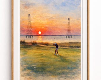 Sea Island Golf Course Sunset Watercolor Print – Coastal Golf Wall Art - Portrait