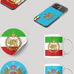 May include: Collection of items featuring the Iranian flag and emblem. Includes phone cases with green, red, and blue backgrounds, stickers, and white ceramic mugs. The emblem features a lion, crown, and floral elements.