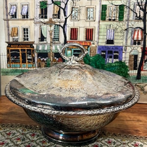 May include: A silver-plated serving dish with a lid. The dish has a decorative, ornate pattern on the lid and bowl. The rim of the bowl has a twisted rope design. The handle on the lid is a loop. The dish is on a floral patterned surface.