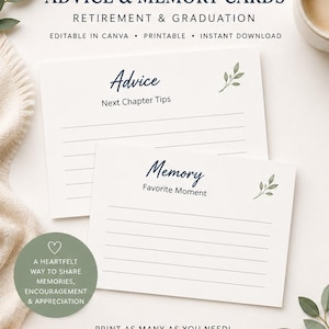 Puede incluir: Tarjetas minimalistas de consejos y recuerdos para la jubilación y la graduación. Las tarjetas son blancas con espacios rayados para escribir. El texto incluye "Consejos" y "Recuerdos". Un bolígrafo dorado y una taza de café también son visibles.
