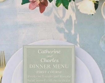 Sage Green Wedding Menu Card, Elegant Dinner Reception Signage (4x9)