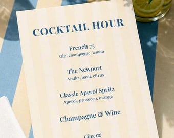 French Blue Stripe Cocktail Menu Sign, Coastal Party Bar Decor (8x10 Printed)